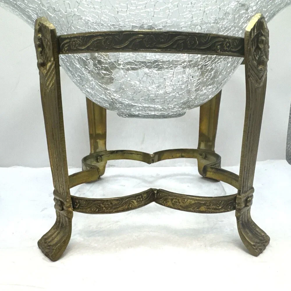 Vintage Glass Potpourri Bowl Orb  Brass  Stand Floral Decor Footed